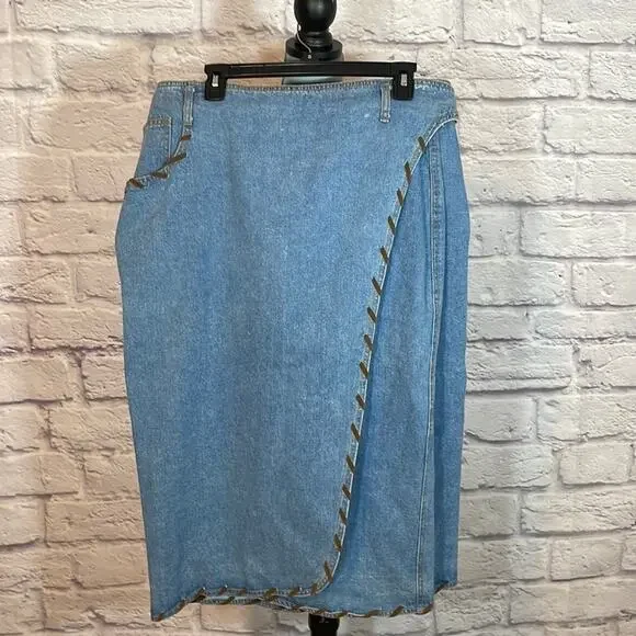 Vintage Baccini denim blanket stitch wrap skirt - Picture 2 of 8
